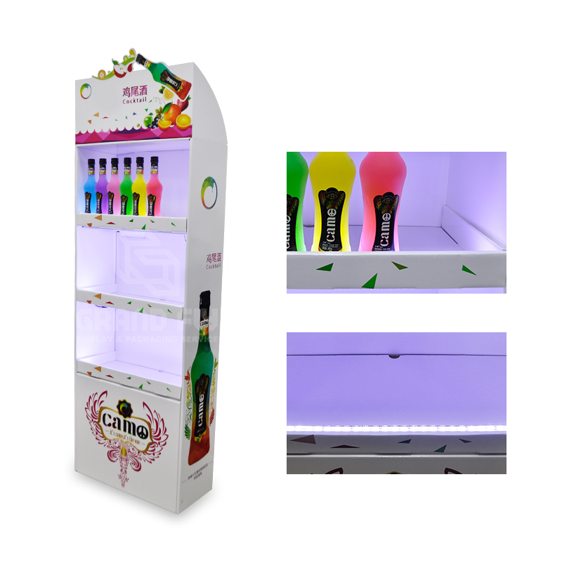 Floor Cardboard Wine Dispay Rack for Cocktail with Three Shelf & LED Light-6