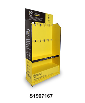 Movable Cardboard Floor Display Rack with Iron Hook & Trays