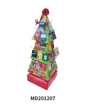 Christmas Tree Shape Four Sides Hooks Cardboard Displays for Greeting Cards